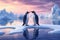 Two penguins stand on melting ice in Arctic Ocean at sunset. Generative AI