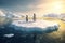 Two penguins stand on melting ice in Arctic Ocean at sunset. Generative AI