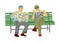 Two pensioners read newspapers on the bench in park. Vector illustration isolated on white background.