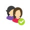 Two people with checkmark sign as community group or verified team member identity vector icon, flat cartoon couple