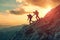 Two People Climbing Mountain at Sunset, A determined hiker pulling an exhausted friend towards the mountain summit, AI Generated