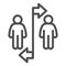 Two people divided with line and arrows line icon, social distancing concept, Sickness prevention sign on white