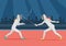 Two people doing fencing. Fencing championship vector illustration.