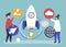 Two people holding startup technology icons illustration