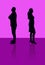 Two people - a man and a woman standing back to back in black silhouettes on purple color gradients with copy space.