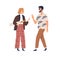 Two people meeting, greeting each other, saying and gesturing hi. Modern trendy man and woman at chance encounter