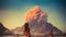 Two people standing on the beach looking at an erupting volcano, AI