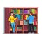 Two people standing in front of wooden bookcase