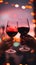 Two people toasting with wine glasses in front of a cityscape. AI generative image.