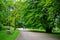 Two people walking through a pathway in Zamecky Park in Hluboka Castle Hluboka nad Vltavou, Czech Republic with green grass and