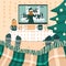 Two people are watching Christmas and New Year movies on the bed in knitted socks, under the plaid. Room is decorated in green,