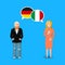 Two people with white speech bubbles with Germany and Italy flags. Language study concept illustration