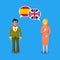 Two people with white speech bubbles with Great britain and Spain flags. Language study concept illustration