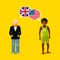 Two people with white speech bubbles with Great britain and USA flags. Language study concept illustration