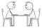 Two Person, Politicians or Businessmen Negotiating and Sitting at Table, Vector Cartoon Stick Figure Illustration