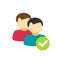 Two persons people with checkmark sign as community group or verified team member identity vector icon, flat cartoon