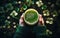 Two photorealistic hands in green knitted sweater holding a pint of green beer or plant based juice glass. Top view, AI Generative