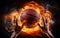 Two photorealistic hands throwing basketball ball burning on black background. Banner with fire flames, smoke. AI Generative
