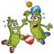 Two pickle cartoons engaged in a fierce pickleball match