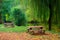 Two picnic tables by the river