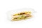Two pieces of bread pita with a filling of chicken and veal isolated on white. To go food in box