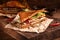 Two pieces of club sandwich on old papper with big cutting board
