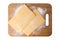 Two pieces of frozen puff pastry on a cutting board, top view. Isolate on a white background