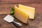 Two pieces of Manchego, queso manchego, cheese made in La Mancha region of Spain from the milk of sheep of the manchega breed