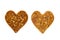 Two pieces of sherbet with peanut in form heart isolated on whit