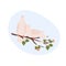 Two pigeon on blooming branch of tree. Concept of pink mourning dove for celebration. Wedding religious world peace sign