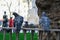 Two pigeons sat on a railing facing away, towards a park, in London, UK