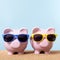 Two piggy banks beach sunglasses travel money saving concept