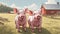 Two pigs standing in a field in front of a barn