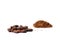 Two piles of cacao beans and cacao powder isolated on white background