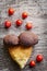 Two pine bolete (Boletus pinophilus) mushrooms grown together, decorated with red rowan berry fruits.