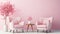 Two pink chairs and a potted pink tree against a pink wall, Valentine\\\'s Day, free space for text