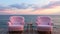 Two pink chairs sitting on a wooden dock next to the ocean. Generative AI image.
