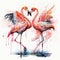 Two Pink Dancing Flamingo. Illustration AI Generative