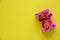 Two pink dumbbell with red gift bow on a yellow table background