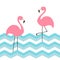 Two pink flamingo set. Blue sea ocean water zigzag wave. Exotic tropical bird. Zoo animal collection. Cute cartoon character. Deco