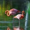 Two pink flamingos stand in the water with reflections