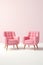 Two pink leather armchairs in light environment. Minimal design with empty space for photo manipulation. Generative Ai