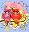 Two pink, moth-owl-girls sit on a rainbow under a pink umbrella. The inscription I love you. Concept of homosexual female love,