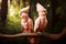 Two pink parrots sitting on tree branch in forest with trees in the background. Generative AI