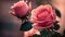 two pink roses with green leaves in a vase on a table with a blurry background of pink flowers and leaves on a table with a