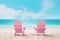 Two pink wooden chairs on stunning tropical sandy beach. Midday sun, turquoise water and blue sky. Summer vacation concept. Beach