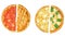 Two pizzas, four halves isolated on a white background. Versus concept. Appetizing pizza