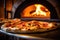 two pizzas are sitting in front of a wood fired oven, created by Generative AI