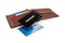 Two plastic discount cards on open brown leather wallet