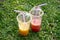 Two plastic glasses with mango juice and watermelon juice on a grass.